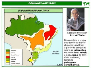 '
DOMÍNIOS NATURAIS

Geógrafo Professor
Aziz Ab'Saber
Desenvolveu o mapa
dos domínios morfo-
climáticos do Brasil
a partir de pesquisas
sobre as interações
entre o clima, revelo
e vegetação do terri-
tório brasileiro,
Gerando
paisagens
semelhantes.
 