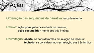 Ação
Ordenação das sequências da narrativa: encadeamento;
Relevo: ação principal= descoberta do tesouro;
ação secundária= morte dos três irmãos;
Delimitação: aberta, se considerarmos em relação ao tesouro;
fechada, se considerarmos em relação aos três irmãos;
 