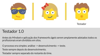 Testador 1.0
Antes do Mindset e aplicação dos frameworks ágeis serem amplamente adotados todos os
profissionais eram divididos em silos.
O processo era simples: análise -> desenvolvimento -> teste.
Teste sempre depois do desenvolvimento.
Testador sempre separado do restante do time.
Testador
 