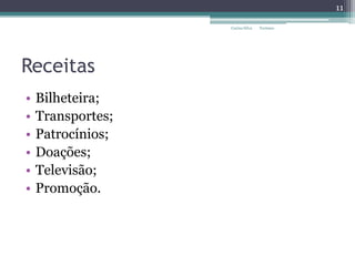 Receitas
• Bilheteira;
• Transportes;
• Patrocínios;
• Doações;
• Televisão;
• Promoção.
11
Carina Silva Turismo
 