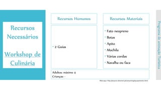 Recursos Humanos
 2 Guias
Recursos Materiais
 Fato neopreno
 Botas
 Apito
 Mochila
 Várias cordas
 Navalha ou faca
Recursos
Necessários
Workshop de
Culinária
ProgramadeanimaçãoTurística
Adultos: máximo 4
Crianças: -
Mais aqui: http://arquivo.desnivel.pt/canyoning/equipamento.html
 