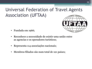 15


Universal Federation of Travel Agents
Association (UFTAA)


  • Fundada em 1966;

  • Reconhece a necessidade de existir uma união entre
    as agencias e os operadores turísticos;

  • Representa 114 associações nacionais;

  • Membros filiados são num total de 121 países;
 