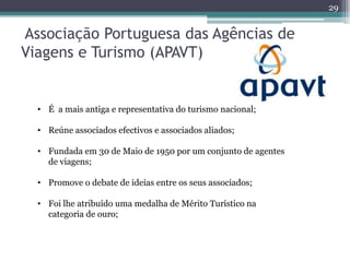 29


Associação Portuguesa das Agências de
Viagens e Turismo (APAVT)


  • É a mais antiga e representativa do turismo nacional;

  • Reúne associados efectivos e associados aliados;

  • Fundada em 30 de Maio de 1950 por um conjunto de agentes
    de viagens;

  • Promove o debate de ideias entre os seus associados;

  • Foi lhe atribuído uma medalha de Mérito Turístico na
    categoria de ouro;
 