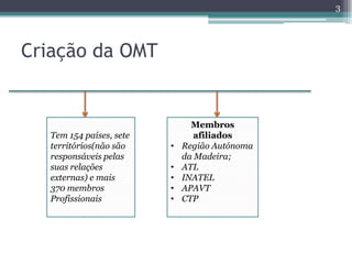 3




Criação da OMT


                                Membros
   Tem 154 países, sete          afiliados
   territórios(não são    •   Região Autónoma
   responsáveis pelas         da Madeira;
   suas relações          •   ATL
   externas) e mais       •   INATEL
   370 membros            •   APAVT
   Profissionais          •   CTP
 