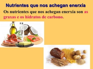Nutrientes que nos achegan enerxía
Os nutrientes que nos achegan enerxía son as
graxas e os hidratos de carbono.
 