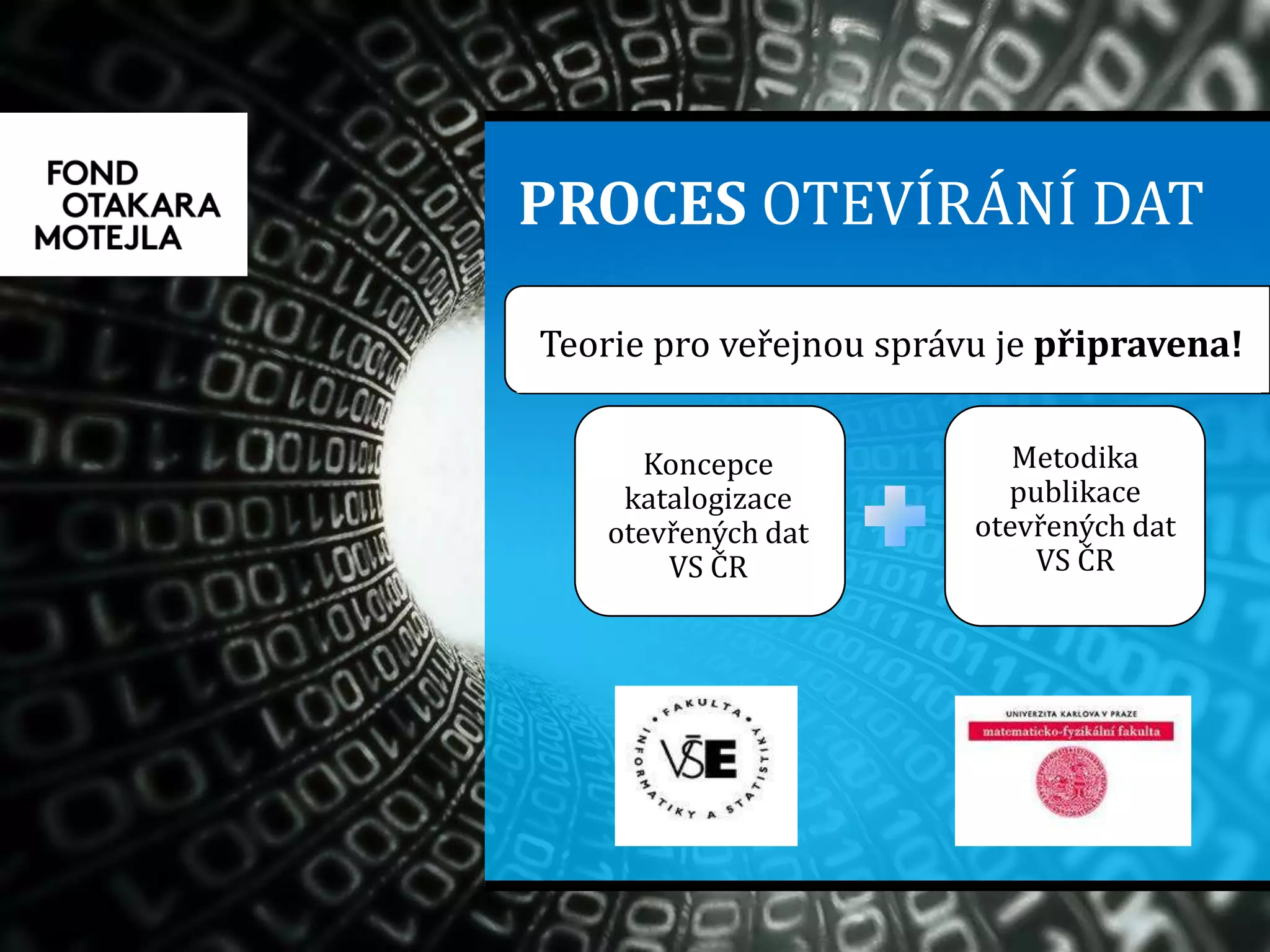 PROCES OTEVÍRÁNÍ DAT
Koncepce
katalogizace
otevřených dat
VS ČR
Metodika
publikace
otevřených dat
VS ČR
Teorie pro veřejnou správu je připravena!
 