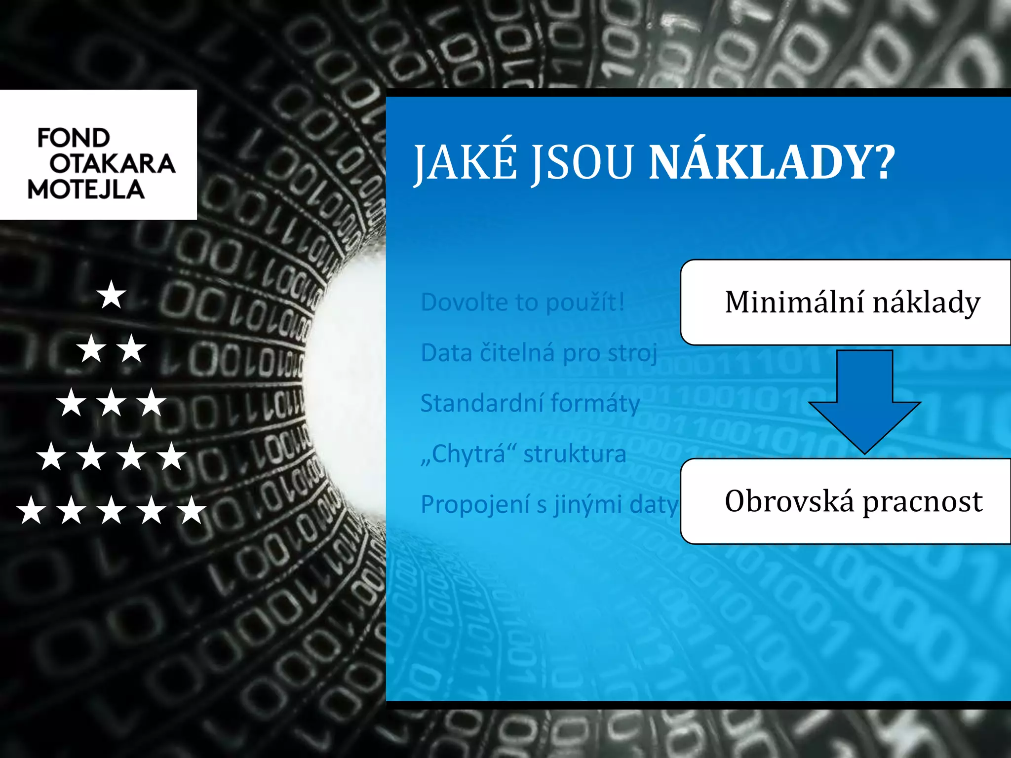 JAKÉ JSOU NÁKLADY?





Dovolte to použít!
Data čitelná pro stroj
Standardní formáty
„Chytrá“ struktura
Propojení s jinými daty
Minimální náklady
Obrovská pracnost
 