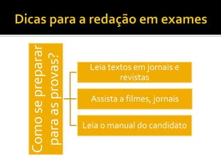 Como se preparar
 para as provas?
                    Leia textos em jornais e
                            revistas

                     Assista a filmes, jornais

                   Leia o manual do candidato
 