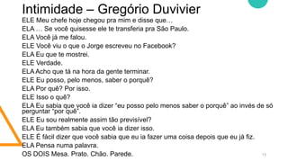 Intimidade – Gregório Duvivier
13
ELE Meu chefe hoje chegou pra mim e disse que…
ELA … Se você quisesse ele te transferia pra São Paulo.
ELA Você já me falou.
ELE Você viu o que o Jorge escreveu no Facebook?
ELA Eu que te mostrei.
ELE Verdade.
ELA Acho que tá na hora da gente terminar.
ELE Eu posso, pelo menos, saber o porquê?
ELA Por quê? Por isso.
ELE Isso o quê?
ELA Eu sabia que você ia dizer “eu posso pelo menos saber o porquê” ao invés de só
perguntar “por quê”.
ELE Eu sou realmente assim tão previsível?
ELA Eu também sabia que você ia dizer isso.
ELE É fácil dizer que você sabia que eu ia fazer uma coisa depois que eu já fiz.
ELA Pensa numa palavra.
OS DOIS Mesa. Prato. Chão. Parede.
 