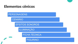 Elementos cênicos
6
PERSONAGENS
CENÁRIO
EFEITOS SONOROS
ILUMINAÇÃO
FICHA TÉCNICA
FIGURINO
 