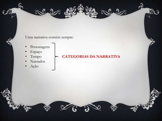 Uma narrativa contém sempre:

•   Personagens
•   Espaço
•   Tempo            CATEGORIAS DA NARRATIVA
•   Narrador
•   Ação
 