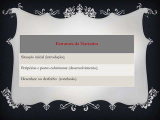 Estrutura da Narrativa

Situação inicial (introdução);

Peripécias e ponto culminante (desenvolvimento);

Desenlace ou desfecho (conclusão).
 