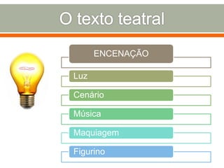 ENCENAÇÃO
Luz
Cenário
Música
Maquiagem
Figurino
 