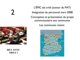 L’ÉPIC est créé (autour du PAT)

  2        Intégration du personnel mars 2008
           Conception et présentation du projet
             communautaire aux communes
                  Les communes votent




QUI AVEC
 NOUS ?
 