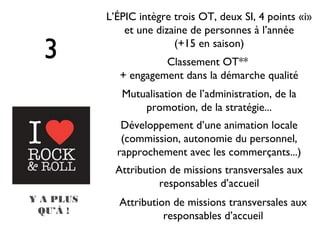 L’ÉPIC intègre trois OT, deux SI, 4 points «i»
               et une dizaine de personnes à l’année

  3                       (+15 en saison)
                       Classement OT**
              + engagement dans la démarche qualité
              Mutualisation de l’administration, de la
                  promotion, de la stratégie...
              Développement d’une animation locale
              (commission, autonomie du personnel,
             rapprochement avec les commerçants...)
             Attribution de missions transversales aux
                       responsables d’accueil
Y A PLUS     Attribution de missions transversales aux
 QU’À !
                       responsables d’accueil
 