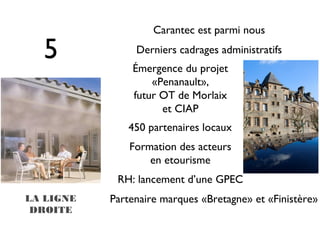 Carantec est parmi nous

  5             Derniers cadrages administratifs
               Émergence du projet
                   «Penanault»,
               futur OT de Morlaix
                     et CIAP
              450 partenaires locaux
               Formation des acteurs
                   en etourisme
            RH: lancement d’une GPEC
LA LIGNE   Partenaire marques «Bretagne» et «Finistère»
 DROITE
 