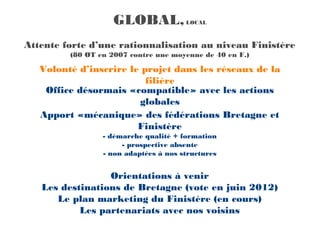 GLOBAL,            LOCAL



Attente forte d’une rationnalisation au niveau Finistère
         (80 OT en 2007 contre une moyenne de 40 en F.)

   Volonté d’inscrire le projet dans les réseaux de la
                          filière
    Office désormais «compatible» avec les actions
                        globales
   Apport «mécanique» des fédérations Bretagne et
                        Finistère
                 - démarche qualité + formation
                      - prospective absente
                 - non adaptées à nos structures


                 Orientations à venir
   Les destinations de Bretagne (vote en juin 2012)
      Le plan marketing du Finistère (en cours)
           Les partenariats avec nos voisins
 