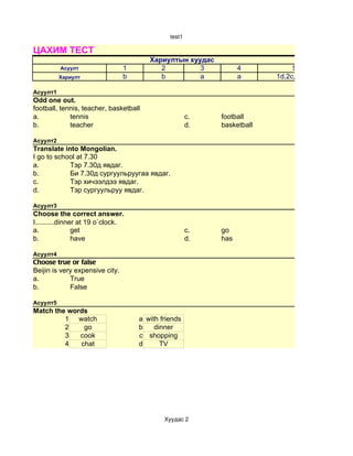 test1

ЦАХИМ ТЕСТ
                                        Хариултын хуудас
          Асуулт                 1         2         3            4           5
          Хариулт                b         b         a            a      1d,2c,3b,4a

Асуулт1
Odd one out.
football, tennis, teacher, basketball
a.           tennis                                    c.   football
b.           teacher                                   d.   basketball

Асуулт2
Translate into Mongolian.
I go to school at 7.30
a.          Тэр 7.30д явдаг.
b.          Би 7.30д сургуульруугаа явдаг.
c.          Тэр хичээлдээ явдаг.
d.          Тэр сургуульруу явдаг.

Асуулт3
Choose the correct answer.
I..........dinner at 19 o`clock.
a.              get                                    c.   go
b.              have                                   d.   has

Асуулт4
Choose true or false
Beijin is very expensive city.
a.           True
b.           False

Асуулт5
Match the words
         1 watch                     a with friends
         2    go                     b    dinner
         3   cook                    c shopping
         4   chat                    d      TV




                                             Хуудас 2
 