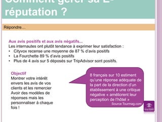 Comment gérer sa E-
réputation ?
Répondre…
Aux avis positifs et aux avis négatifs...
Les internautes ont plutôt tendance à exprimer leur satisfaction :
• Cityvox recense une moyenne de 87 % d’avis positifs
• La Fourchette 89 % d’avis positifs
• Plus de 4 avis sur 5 déposés sur TripAdvisor sont positifs.
Objectif
Montrer votre intérêt
envers les avis de vos
clients et les remercier
Avoir des modèles de
réponses mais les
personnaliser à chaque
fois !
8 français sur 10 estiment
qu’une réponse adéquate de
la part de la direction d’un
établissement à une critique
négative « améliorent leur
perception de l’hôtel »
Source Tourmag.com
 