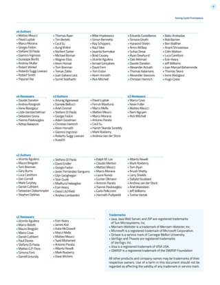8
Testing Guide Frontispiece
v4 Authors
• Matteo Meucci
• Pavol Luptak
• Marco Morana
• Giorgio Fedon
• Stefano Di Paola
• Gianrico Ingrosso
• Giuseppe Bonfà
• Andrew Muller
• Robert Winkel
• Roberto Suggi Liverani
• Robert Smith
• Tripurari Rai
v3 Authors
• Anurag Agarwwal
• Daniele Bellucci
• Ariel Coronel
• Stefano Di Paola
• Giorgio Fedon
• Adam Goodman
• Christian Heinrich
• Kevin Horvath
• Gianrico Ingrosso
• Roberto Suggi Liverani
• Kuza55
v2 Authors
• Vicente Aguilera
• Mauro Bregolin
• Tom Brennan
• Gary Burns
• Luca Carettoni
• Dan Cornell
• Mark Curphey
• Daniel Cuthbert
• Sebastien Deleersnyder
• Stephen DeVries
v2 Reviewers
• Vicente Aguilera
• Marco Belotti
• Mauro Bregolin
• Marco Cova
• Daniel Cuthbert
• Paul Davies
• Stefano Di Paola
• Matteo G.P. Flora
• Simona Forti
• Darrell Groundy
v3 Reviewers
• Marco Cova
• Kevin Fuller
• Matteo Meucci
• Nam Nguyen
• Rick Mitchell
v4 Reviewers
• Davide Danelon
• Andrea Rosignoli
• Irene Abezgauz
• Lode Vanstechelman
• Sebastien Gioria
• Yiannis Pavlosoglou
• Aditya Balapure
• Thomas Ryan
• Tim Bertels
• Cecil Su
• Aung KhAnt
• Norbert Szetei
• Michael Boman
• Wagner Elias
• Kevin Horvat
• Tom Brennan
• Tomas Zatko
• Juan Galiana Lara
• Sumit Siddharth
• Mike Hryekewicz
• Simon Bennetts
• Ray Schippers
• Raul Siles
• Jayanta Karmakar
• Brad Causey
• Vicente Aguilera
• Ismael Gonçalves
• David Fern
• Tom Eston
• Kevin Horvath
• Rick Mitchell
• Eduardo Castellanos
• Simone Onofri
• Harword Sheen
• Amro AlOlaqi
• Suhas Desai
• Ryan Dewhurst
• Zaki Akhmad
• Davide Danelon
• Alexander Antukh
• Thomas Kalamaris
• Alexander Vavousis
• Christian Heinrich
• Babu Arokiadas
• Rob Barnes
• Ben Walther
• Anant Shrivastava
• Colin Watson
• Luca Carettoni
• Eoin Keary
• Jeff Williams
• Juan Manuel Bahamonde
• Thomas Skora
• Irene Abezgauz
• Hugo Costa
• Pavol Luptak
• Ferruh Mavituna
• Marco Mella
• Matteo Meucci
• Marco Morana
• Antonio Parata
• Cecil Su
• Harish Skanda Sureddy
• Mark Roxberry
• Andrew Van der Stock
• Stefano Di Paola
• David Endler
• Giorgio Fedon
• Javier Fernández-Sanguino
• Glyn Geoghegan
• Stan Guzik
• Madhura Halasgikar
• Eoin Keary
• David Litchfield
• Andrea Lombardini
• Ralph M. Los
• Claudio Merloni
• Matteo Meucci
• Marco Morana
• Laura Nunez
• Gunter Ollmann
• Antonio Parata
• Yiannis Pavlosoglou
• Carlo Pelliccioni
• Harinath Pudipeddi
• Alberto Revelli
• Mark Roxberry
• Tom Ryan
• Anush Shetty
• Larry Shields
• Dafydd Studdard
• Andrew van der Stock
• Ariel Waissbein
• Jeff Williams
• Tushar Vartak
• Eoin Keary
• James Kist
• Katie McDowell
• Marco Mella
• Matteo Meucci
• Syed Mohamed
• Antonio Parata
• Alberto Revelli
• Mark Roxberry
• Dave Wichers
Trademarks
• Java, Java Web Server, and JSP are registered trademarks
of Sun Microsystems, Inc.
• Merriam-Webster is a trademark of Merriam-Webster, Inc.
• Microsoft is a registered trademark of Microsoft Corporation.
• Octave is a service mark of Carnegie Mellon University.
• VeriSign and Thawte are registered trademarks
of VeriSign, Inc.
• Visa is a registered trademark of VISA USA.
• OWASP is a registered trademark of the OWASP Foundation
All other products and company names may be trademarks of their
respective owners. Use of a term in this document should not be
regarded as affecting the validity of any trademark or service mark.
 