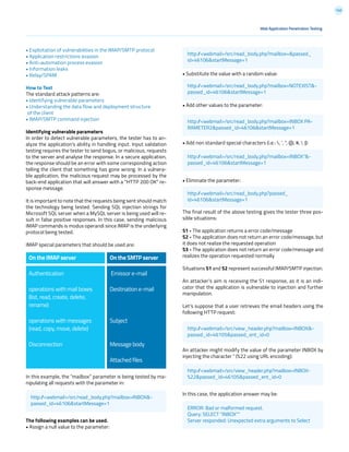 140
• Exploitation of vulnerabilities in the IMAP/SMTP protocol
• Application restrictions evasion
• Anti-automation process evasion
• Information leaks
• Relay/SPAM
How to Test
The standard attack patterns are:
• Identifying vulnerable parameters
• Understanding the data flow and deployment structure
of the client
• IMAP/SMTP command injection
Identifying vulnerable parameters
In order to detect vulnerable parameters, the tester has to an-
alyze the application’s ability in handling input. Input validation
testing requires the tester to send bogus, or malicious, requests
to the server and analyse the response. In a secure application,
the response should be an error with some corresponding action
telling the client that something has gone wrong. In a vulnera-
ble application, the malicious request may be processed by the
back-end application that will answer with a “HTTP 200 OK” re-
sponse message.
It is important to note that the requests being sent should match
the technology being tested. Sending SQL injection strings for
Microsoft SQL server when a MySQL server is being used will re-
sult in false positive responses. In this case, sending malicious
IMAP commands is modus operandi since IMAP is the underlying
protocol being tested.
IMAP special parameters that should be used are:
In this example, the “mailbox” parameter is being tested by ma-
nipulating all requests with the parameter in:
The following examples can be used.
• Assign a null value to the parameter:
• Substitute the value with a random value:
• Add other values to the parameter:
• Add non standard special characters (i.e.: , ‘, “, @, #, !, |):
• Eliminate the parameter:
The final result of the above testing gives the tester three pos-
sible situations:
S1 - The application returns a error code/message
S2 - The application does not return an error code/message, but
it does not realize the requested operation
S3 - The application does not return an error code/message and
realizes the operation requested normally
Situations S1 and S2 represent successful IMAP/SMTP injection.
An attacker’s aim is receiving the S1 response, as it is an indi-
cator that the application is vulnerable to injection and further
manipulation.
Let’s suppose that a user retrieves the email headers using the
following HTTP request:
An attacker might modify the value of the parameter INBOX by
injecting the character “ (%22 using URL encoding):
In this case, the application answer may be:
Web Application Penetration Testing
On the IMAP server
	
Authentication
operations with mail boxes
(list, read, create, delete,
rename)
operations with messages
(read, copy, move, delete)
Disconnection
On the SMTP server
Emissor e-mail
Destination e-mail
Subject
Message body
Attached files
http://<webmail>/src/read_body.php?mailbox=INBOX&-
passed_id=46106&startMessage=1
http://<webmail>/src/read_body.php?mailbox=&passed_
id=46106&startMessage=1
http://<webmail>/src/read_body.php?mailbox=NOTEXIST&-
passed_id=46106&startMessage=1
http://<webmail>/src/read_body.php?mailbox=INBOX PA-
RAMETER2&passed_id=46106&startMessage=1
http://<webmail>/src/read_body.php?mailbox=INBOX”&-
passed_id=46106&startMessage=1
http://<webmail>/src/read_body.php?passed_
id=46106&startMessage=1
http://<webmail>/src/view_header.php?mailbox=INBOX&-
passed_id=46105&passed_ent_id=0
http://<webmail>/src/view_header.php?mailbox=INBOX-
%22&passed_id=46105&passed_ent_id=0
ERROR: Bad or malformed request.
Query: SELECT “INBOX””
Server responded: Unexpected extra arguments to Select
 