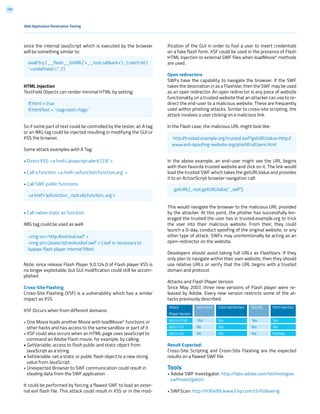 199
since the internal JavaScript which is executed by the browser
will be something similar to:
HTML Injection
TextField Objects can render minimal HTML by setting:
So if some part of text could be controlled by the tester, an A tag
or an IMG tag could be injected resulting in modifying the GUI or
XSS the browser.
Some attack examples with A Tag:
• Direct XSS: <a href=’javascript:alert(123)’ >
• Call a function: <a href=’asfunction:function,arg’ >
• Call SWF public functions:
• Call native static as function:
IMG tag could be used as well:
Note: since release Flash Player 9.0.124.0 of Flash player XSS is
no longer exploitable, but GUI modification could still be accom-
plished.
Cross-Site Flashing
Cross-Site Flashing (XSF) is a vulnerability which has a similar
impact as XSS.
XSF Occurs when from different domains:
• One Movie loads another Movie with loadMovie* functions or
other hacks and has access to the same sandbox or part of it
• XSF could also occurs when an HTML page uses JavaScript to
command an Adobe Flash movie, for example, by calling:
• GetVariable: access to flash public and static object from
JavaScript as a string.
• SetVariable: set a static or public flash object to a new string
value from JavaScript.
• Unexpected Browser to SWF communication could result in
stealing data from the SWF application.
It could be performed by forcing a flawed SWF to load an exter-
nal evil flash file. This attack could result in XSS or in the mod-
ification of the GUI in order to fool a user to insert credentials
on a fake flash form. XSF could be used in the presence of Flash
HTML Injection or external SWF files when loadMovie* methods
are used.
Open redirectors
SWFs have the capability to navigate the browser. If the SWF
takes the destination in as a FlashVar, then the SWF may be used
as an open redirector. An open redirector is any piece of website
functionality on a trusted website that an attacker can use to re-
direct the end-user to a malicious website. These are frequently
used within phishing attacks. Similar to cross-site scripting, the
attack involves a user clicking on a malicious link.
In the Flash case, the malicious URL might look like:
In the above example, an end-user might see the URL begins
with their favorite trusted website and click on it. The link would
load the trusted SWF which takes the getURLValue and provides
it to an ActionScript browser navigation call:
This would navigate the browser to the malicious URL provided
by the attacker. At this point, the phisher has successfully lev-
eraged the trusted the user has in trusted.example.org to trick
the user into their malicious website. From their, they could
launch a 0-day, conduct spoofing of the original website, or any
other type of attack. SWFs may unintentionally be acting as an
open-redirector on the website.
Developers should avoid taking full URLs as FlashVars. If they
only plan to navigate within their own website, then they should
use relative URLs or verify that the URL begins with a trusted
domain and protocol.
Attacks and Flash Player Version
Since May 2007, three new versions of Flash player were re-
leased by Adobe. Every new version restricts some of the at-
tacks previously described.
Result Expected:
Cross-Site Scripting and Cross-Site Flashing are the expected
results on a flawed SWF file.
Tools
• Adobe SWF Investigator: http://labs.adobe.com/technologies
swfinvestigator/
• SWFScan: http://h30499.www3.hp.com/t5/Following
Web Application Penetration Testing
eval(‘try { __flash__toXML(‘+__root.callback+’) ; } catch (e) {
“<undefined/>”; }’)
<a href=’asfunction:_root.obj.function, arg’>
tf.html = true
tf.htmlText = ‘<tag>text</tag>’
http://trusted.example.org/trusted.swf?getURLValue=http://
www.evil-spoofing-website.org/phishEndUsers.html
getURL(_root.getURLValue,”_self”);
<img src=’http://evil/evil.swf’ >
<img src=’javascript:evilcode//.swf’ > (.swf is necessary to
bypass flash player internal filter)
Attack
Player Version	
v9.0 r47/48
v9.0 r115 	
v9.0 r124	
ExternalInterface
Yes
Yes
Yes
Html Injection
Yes
Yes
Partially
asfunction
Yes
No
No
GetURL
Yes
Yes
Yes
 