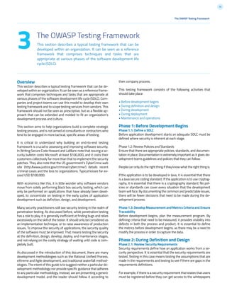 24
This section describes a typical testing framework that can be
developed within an organization. It can be seen as a reference
framework that comprises techniques and tasks that are
appropriate at various phases of the software development life
cycle (SDLC).
3 The OWASP Testing Framework
The OWASP Testing Framework
Overview
This section describes a typical testing framework that can be de-
veloped within an organization. It can be seen as a reference frame-
work that comprises techniques and tasks that are appropriate at
various phases of the software development life cycle (SDLC). Com-
panies and project teams can use this model to develop their own
testing framework and to scope testing services from vendors. This
framework should not be seen as prescriptive, but as a flexible ap-
proach that can be extended and molded to fit an organization’s
development process and culture.
This section aims to help organizations build a complete strategic
testing process, and is not aimed at consultants or contractors who
tend to be engaged in more tactical, specific areas of testing.
It is critical to understand why building an end-to-end testing
framework is crucial to assessing and improving software security.
In Writing Secure Code Howard and LeBlanc note that issuing a se-
curity bulletin costs Microsoft at least $100,000, and it costs their
customers collectively far more than that to implement the security
patches. They also note that the US government’s CyberCrime web
site (http://www.justice.gov/criminal/cybercrime/) details recent
criminal cases and the loss to organizations. Typical losses far ex-
ceed USD $100,000.
With economics like this, it is little wonder why software vendors
move from solely performing black box security testing, which can
only be performed on applications that have already been devel-
oped, to concentrate on testing in the early cycles of application
development such as definition, design, and development.
Many security practitioners still see security testing in the realm of
penetration testing. As discussed before, while penetration testing
has a role to play, it is generally inefficient at finding bugs and relies
excessively on the skill of the tester. It should only be considered as
an implementation technique, or to raise awareness of production
issues. To improve the security of applications, the security quality
of the software must be improved. That means testing the security
at the definition, design, develop, deploy, and maintenance stages,
and not relying on the costly strategy of waiting until code is com-
pletely built.
As discussed in the introduction of this document, there are many
development methodologies such as the Rational Unified Process,
eXtreme and Agile development, and traditional waterfall method-
ologies. The intent of this guide is to suggest neither a particular de-
velopment methodology nor provide specific guidance that adheres
to any particular methodology. Instead, we are presenting a generic
development model, and the reader should follow it according to
their company process.
This testing framework consists of the following activities that
should take place:
• Before development begins
• During definition and design
• During development
• During deployment
• Maintenance and operations
Phase 1: Before Development Begins
Phase 1.1: Define a SDLC
Before application development starts an adequate SDLC must be
defined where security is inherent at each stage.
Phase 1.2: Review Policies and Standards
Ensure that there are appropriate policies, standards, and documen-
tation in place. Documentation is extremely important as it gives de-
velopment teams guidelines and policies that they can follow.
People can only do the right thing if they know what the right thing is.
If the application is to be developed in Java, it is essential that there
is a Java secure coding standard. If the application is to use cryptog-
raphy, it is essential that there is a cryptography standard. No pol-
icies or standards can cover every situation that the development
team will face. By documenting the common and predictable issues,
there will be fewer decisions that need to be made during the de-
velopment process.
Phase 1.3: Develop Measurement and Metrics Criteria and Ensure
Traceability
Before development begins, plan the measurement program. By
defining criteria that need to be measured, it provides visibility into
defects in both the process and product. It is essential to define
the metrics before development begins, as there may be a need to
modify the process in order to capture the data.
Phase 2: During Definition and Design
Phase 2.1: Review Security Requirements
Security requirements define how an application works from a se-
curity perspective. It is essential that the security requirements are
tested. Testing in this case means testing the assumptions that are
made in the requirements and testing to see if there are gaps in the
requirements definitions.
For example, if there is a security requirement that states that users
must be registered before they can get access to the whitepapers
 