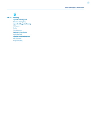 4
Testing Guide Foreword - Table of contents
Reporting
Appendix A: Testing Tools
Black Box Testing Tools
Appendix B: Suggested Reading
Whitepapers
Books
Useful Websites
Appendix C: Fuzz Vectors
Fuzz Categories
Appendix D: Encoded Injection
Input Encoding
Output Encoding
208 - 222
5
 