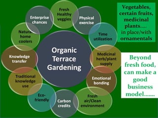 Vegetables,
certain fruits,
medicinal
plants…..
in place/with
ornamentals
Beyond
fresh food,
can make a
good
business
model…….
 