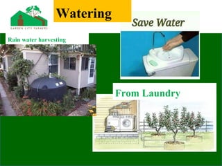 Watering
Rain water harvesting
From Laundry
 