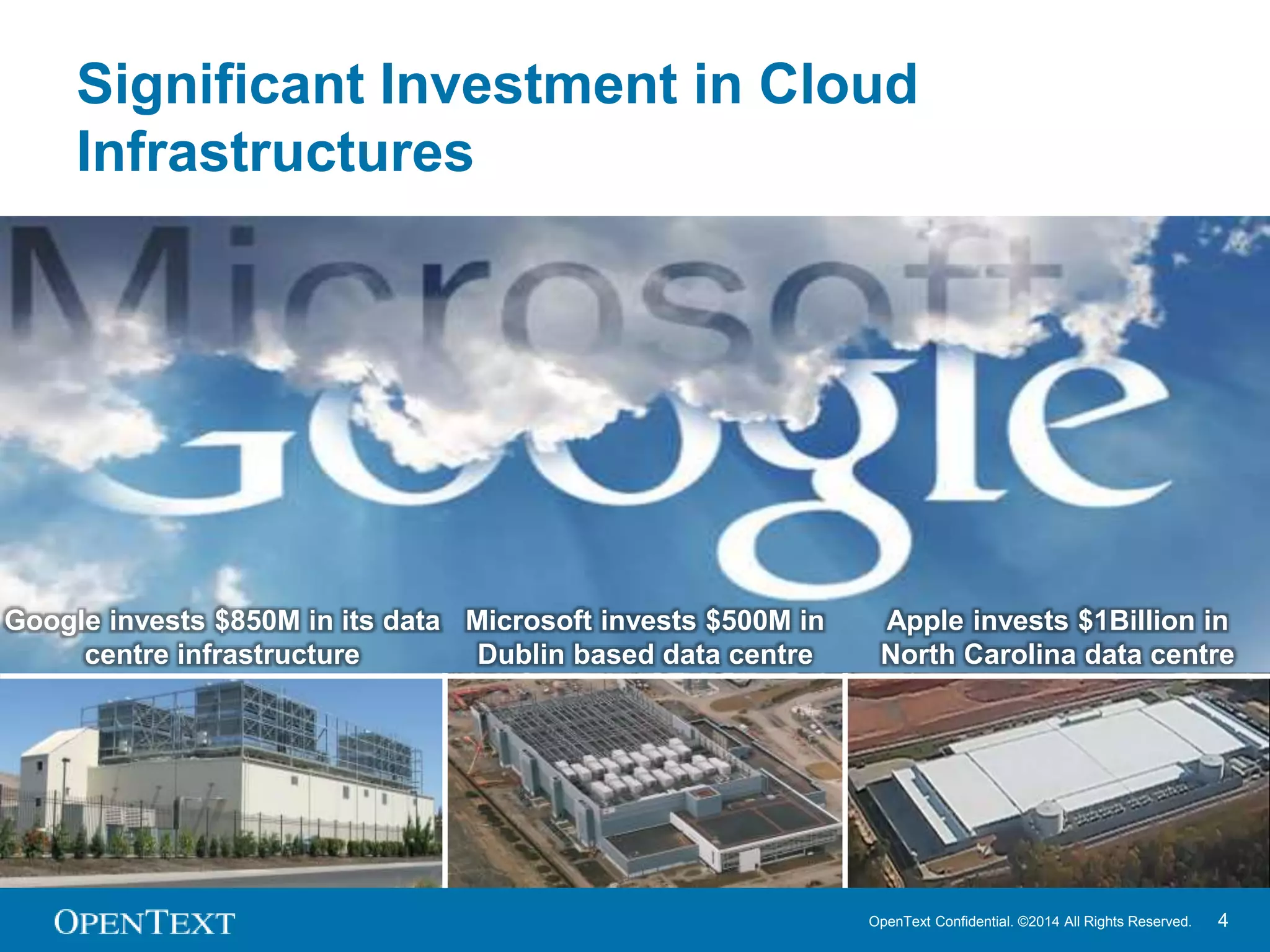 Significant Investment in Cloud 
Infrastructures 
OpenText Confidential. ©2014 All Rights Reserved. 4 
Google invests $850M in its data 
centre infrastructure 
Apple invests $1Billion in 
North Carolina data centre 
Microsoft invests $500M in 
Dublin based data centre 
 