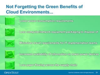 Not Forgetting the Green Benefits of 
Cloud Environments... 
Lower power consumption requirements 
Less computer/network e...