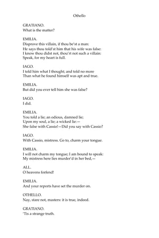 Othello
GRATIANO.
What is the matter?
EMILIA.
Disprove this villain, if thou be’st a man:
He says thou told’st him that his wife was false:
I know thou didst not, thou’rt not such a villain:
Speak, for my heart is full.
IAGO.
I told him what I thought; and told no more
Than what he found himself was apt and true.
EMILIA.
But did you ever tell him she was false?
IAGO.
I did.
EMILIA.
You told a lie; an odious, damned lie;
Upon my soul, a lie; a wicked lie:—
She false with Cassio!—Did you say with Cassio?
IAGO.
With Cassio, mistress. Go to, charm your tongue.
EMILIA.
I will not charm my tongue; I am bound to speak:
My mistress here lies murder’d in her bed,—
ALL.
O heavens forfend!
EMILIA.
And your reports have set the murder on.
OTHELLO.
Nay, stare not, masters: it is true, indeed.
GRATIANO.
‘Tis a strange truth.
 