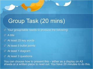 Group Task (20 mins) 
Your group/table needs to produce the following: 
A title 
At least 25 key words 
At least 5 bullet points 
At least 1 diagram 
At least 3 questions 
You can choose how to present this – either as a display on A3 
sheets or a written piece to read out. You have 20 minutes to do this. 
 
