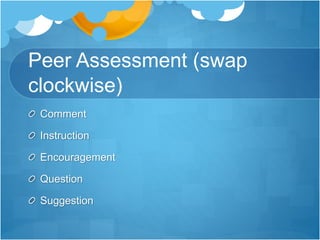 Peer Assessment (swap 
clockwise) 
Comment 
Instruction 
Encouragement 
Question 
Suggestion 
