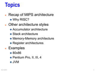 ACA 2003 3
Topics
 Recap of MIPS architecture
 Why RISC?
 Other architecture styles
 Accumulator architecture
 Stack architecture
 Memory-Memory architecture
 Register architectures
 Examples
 80x86
 Pentium Pro, II, III, 4
 JVM
 