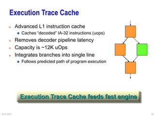ACA 2003 34
Execution Trace Cache
 Advanced L1 instruction cache
 Caches “decoded” IA-32 instructions (uops)
 Removes decoder pipeline latency
 Capacity is ~12K uOps
 Integrates branches into single line
 Follows predicted path of program execution
Execution Trace Cache feeds fast engine
 