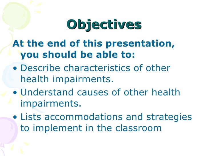 other health impairment Definition of other health impairment under idea other health impairment means having limited strength, vitality, or alertness, including a heightened alertness to environmental stimuli, that results in lim-ited alertness with respect to the educational environ-ment, that— is due to chronic or acute health problems such as asthma, attention deficit. other health impairment Definition of other health impairment under idea other health impairment means having limited strength, vitality, or alertness, including a heightened alertness to environmental stimuli, that results in lim-ited alertness with respect to the educational environ-ment, that— is due to chronic or acute health problems such as asthma, attention deficit.