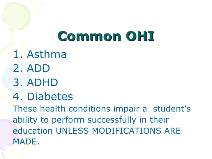 other health impairment Definition of other health impairment under idea other health impairment means having limited strength, vitality, or alertness, including a heightened alertness to environmental stimuli, that results in lim-ited alertness with respect to the educational environ-ment, that— is due to chronic or acute health problems such as asthma, attention deficit. other health impairment Definition of other health impairment under idea other health impairment means having limited strength, vitality, or alertness, including a heightened alertness to environmental stimuli, that results in lim-ited alertness with respect to the educational environ-ment, that— is due to chronic or acute health problems such as asthma, attention deficit.