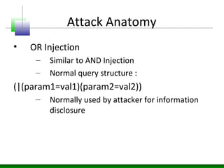 Attack Anatomy
• OR Injection
– Similar to AND Injection
– Normal query structure :
(|(param1=val1)(param2=val2))
– Normal...