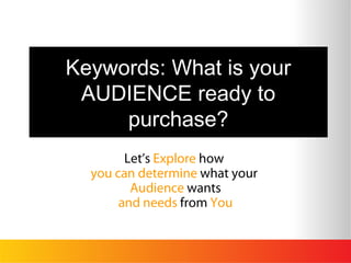 Keywords: What is your
AUDIENCE ready to
purchase?
Let’s Explore how
you can determine what your
Audience wants
and needs from You
 