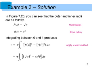 Example 3 – Solution
In Figure 7.20, you can see that the outer and inner radii
are as follows.




Integrating between 0 and 1 produces




                                                             9
 