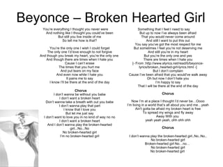 Beyonce – Broken Hearted Girl You’re everything I thought you never were And nothing like I thought you could’ve been But still you live inside of me So tell me how is that? You’re the only one I wish I could forget The only one I’d love enough to not forgive And though you break my heart, you’re the only one  And though there are times when I hate you Cause I can’t erase The times that you hurt me  And put tears on my face And even now while I hate you It pains me to say I know I’ll be there at the end of the day Chorus   I don’t wanna be without you babe I don’t want a broken heart Don’t wanna take a breath with out you babe I don’t wanna play that part I know that I love you But let me just say I don’t want to love you in no kind of way no no I don’t want a broken heart And I don’t wanna play the broken-hearted girl...No...No No broken-hearted girl I’m no broken-hearted girl Something that I feel I need to say But up to now I’ve always been afraid That you would never come around And still I want to put this out You say you’ve got the most respect for me But sometimes I feel you’re not deserving me And still you’re in my heart But you’re the only one and yes There are times when I hate you [- From :http://www.elyrics.net/read/b/beyonce-lyrics/broken,,hearted-girl-lyrics.html -] But I don’t complain Cause I’ve been afraid that you would've walk away Oh but now I don’t hate you I’m happy to say That I will be there at the end of the day Chorus Now I’m at a place I thought I’d never be…Oooo I’m living in a world that’s all about you and me…yeah Ain't gotta be afraid my broken heart is free To spread my wings and fly away Away With you  yeah yeah yeah, ohh ohh ohh  Chorus  I don’t wanna play the broken-hearted girl..No..No.. No broken-hearted girl Broken-hearted girl No…no…  No broken-hearted girl No broken-hearted girl  