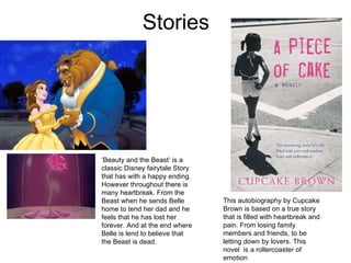 Stories ‘ Beauty and the Beast’ is a classic Disney fairytale Story that has with a happy ending. However throughout there is many heartbreak. From the Beast when he sends Belle home to tend her dad and he feels that he has lost her forever. And at the end where Belle is lend to believe that the Beast is dead. This autobiography by Cupcake Brown is based on a true story that is filled with heartbreak and pain. From losing family members and friends, to be letting down by lovers. This novel  is a rollercoaster of emotion 