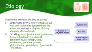 Etiology 
Exact cause unknown but may be due to; 
i. INFECTIONS: HHV-6, HHV-7 infections but 
viral DNA couldn’t be detected from the 
lesion. Not contagious & gives life long 
immunity after outbreak. 
ii. DRUGS: Arsenic, Adalimumab, Barbiturates, 
Bismuth, Captopril, Clonidine, D-penicillamine, 
Etanercept, Gold, 
Isotretinoin, Ketotifen, Lithium, 
Metronidazole, Nortriptyline, Omeprazole, 
Terbinafine. 
 