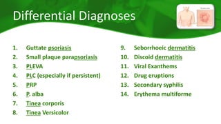Differential Diagnoses 
1. Guttate psoriasis 
2. Small plaque parapsoriasis 
3. PLEVA 
4. PLC (especially if persistent) 
5. PRP 
6. P. alba 
7. Tinea corporis 
8. Tinea Versicolor 
9. Seborrhoeic dermatitis 
10. Discoid dermatitis 
11. Viral Exanthems 
12. Drug eruptions 
13. Secondary syphilis 
14. Erythema multiforme 
 