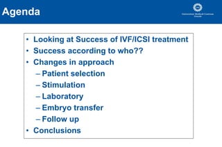 Agenda
• Looking at Success of IVF/ICSI treatment
• Success according to who??
• Changes in approach
– Patient selection
– Stimulation
– Laboratory
– Embryo transfer
– Follow up
• Conclusions
 