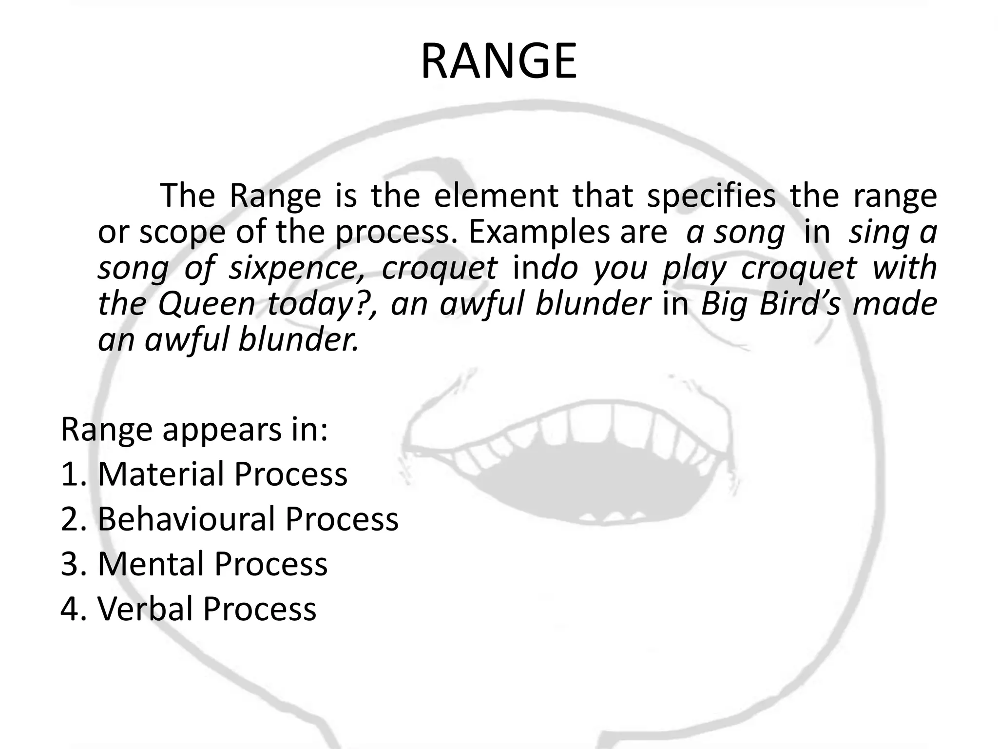 RANGE

      The Range is the element that specifies the range
  or scope of the process. Examples are a song in sing a
  song of sixpence, croquet indo you play croquet with
  the Queen today?, an awful blunder in Big Bird’s made
  an awful blunder.

Range appears in:
1. Material Process
2. Behavioural Process
3. Mental Process
4. Verbal Process
 