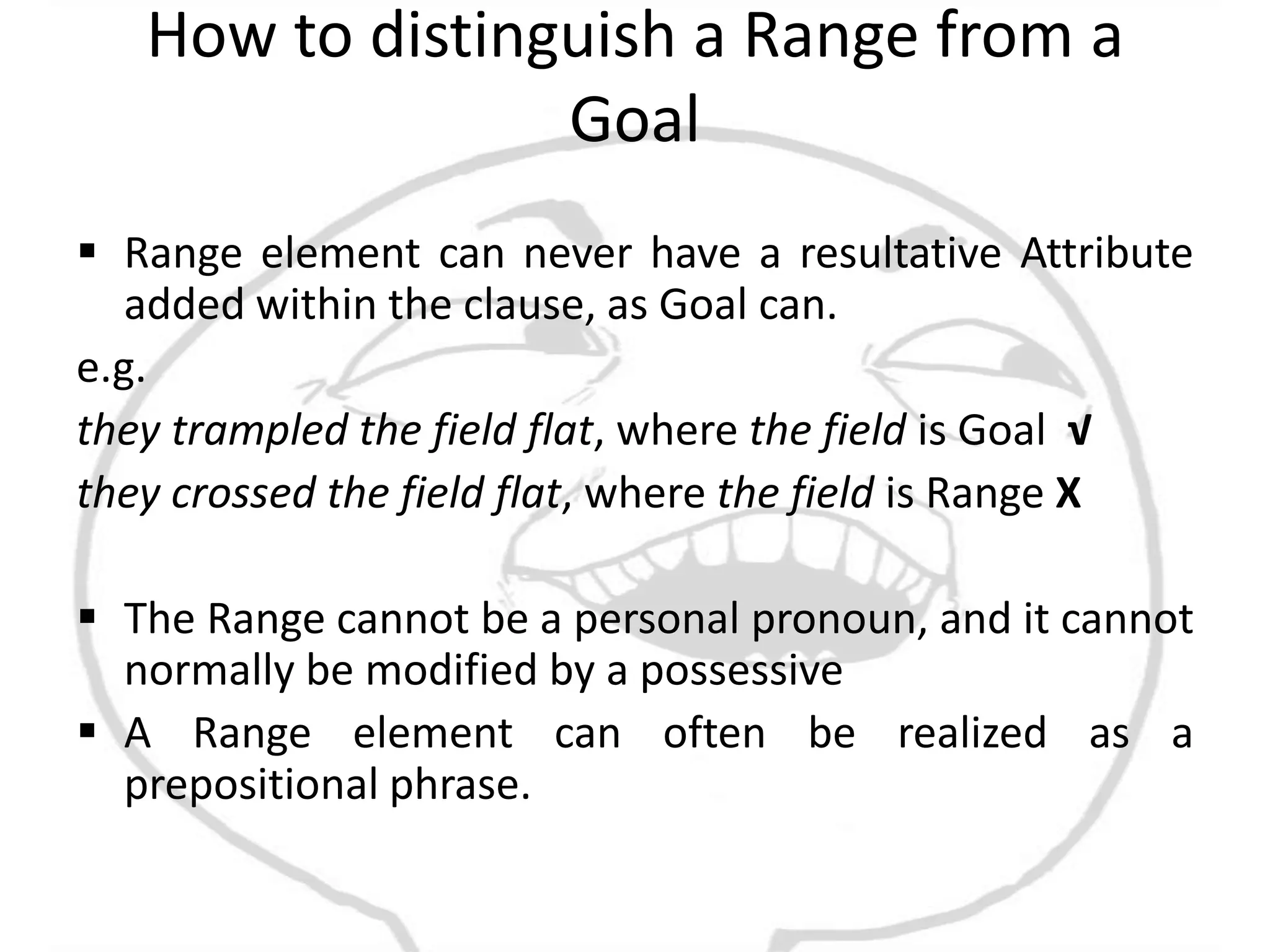 How to distinguish a Range from a
                 Goal
 Range element can never have a resultative Attribute
   added within the clause, as Goal can.
e.g.
they trampled the field flat, where the field is Goal √
they crossed the field flat, where the field is Range X

 The Range cannot be a personal pronoun, and it cannot
  normally be modified by a possessive
 A Range element can often be realized as a
  prepositional phrase.
 