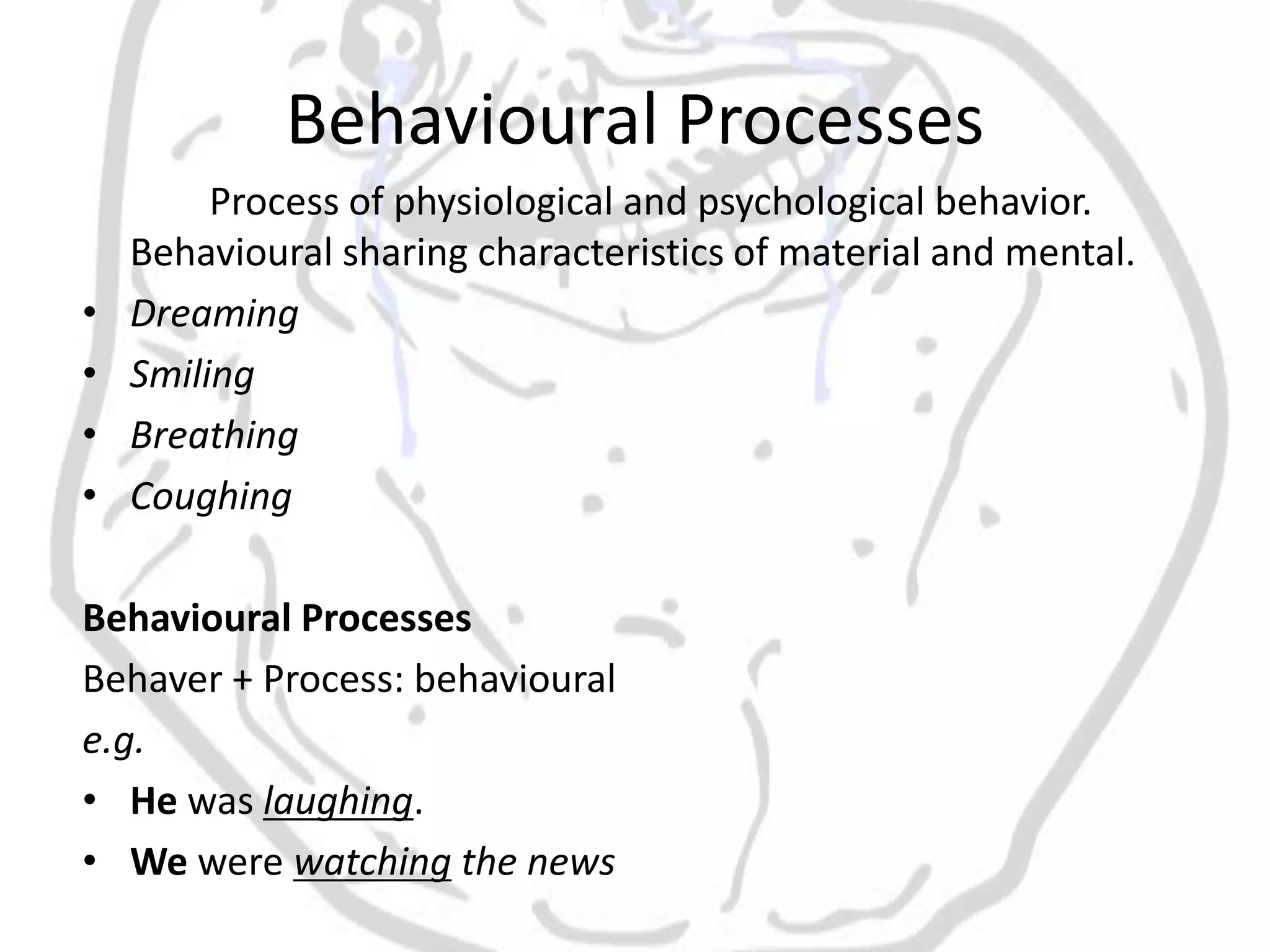 Behavioural Processes
         Process of physiological and psychological behavior.
    Behavioural sharing characteristics of material and mental.
•   Dreaming
•   Smiling
•   Breathing
•   Coughing

Behavioural Processes
Behaver + Process: behavioural
e.g.
• He was laughing.
• We were watching the news
 